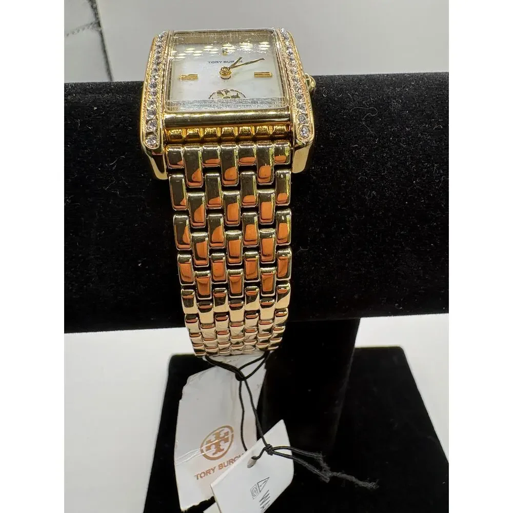 Tory Burch Women Watch Gold Crystal Bezel Mop Dial Rectangular Bracelet Nwt Gold